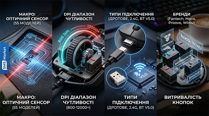 Технічні характеристики комп'ютерної миші в макроколажі: сенсор, DPI, підключення, бренди та витривалість кнопок.